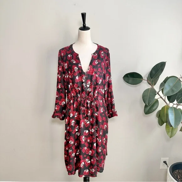 Torrid Skulls And Roses Waist Tie Roll Tab Sleeve Midi Dress Size 1X - Picture 8 of 14